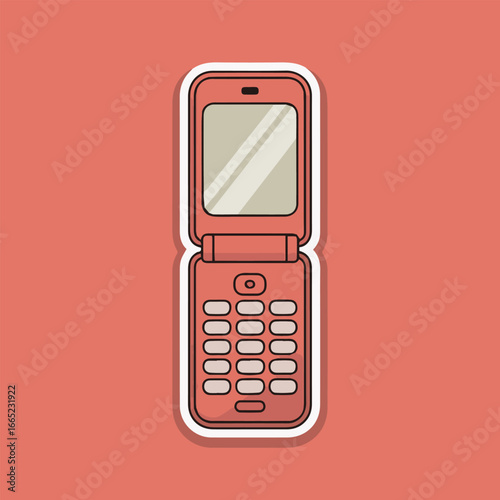 A pink flip phone sticker with a white outline, perfect for adding a touch of retro charm to your designs, isolated on a pink background, a classic symbol of vintage technology