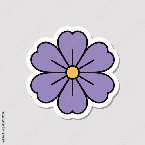 A charming purple flower sticker with a yellow center, isolated on white background, perfect for adding a touch of nature and whimsy to any design project or creative endeavor