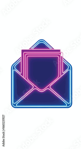 Luminous neon light icon of an open envelope with a card. A vibrant symbol for email, invitations, or digital correspondence on a white background