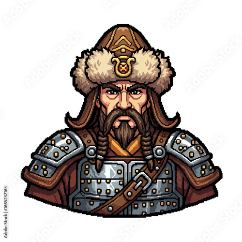 A stern-faced warrior, depicted in detailed armor and traditional headwear, looks intently.