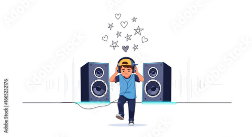 Cartoon boy with headphones enjoying loud music between speakers and heart star doodles