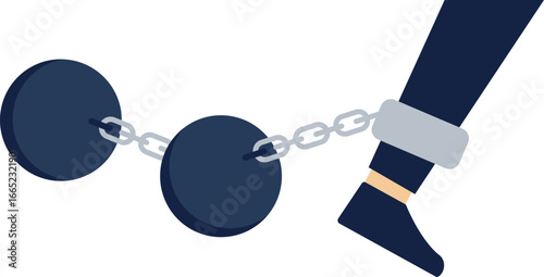 Businessman's legs tied to a string of iron balls

