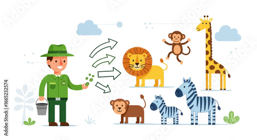Cartoon illustration depicting a zookeeper feeding various animals in a playful scene