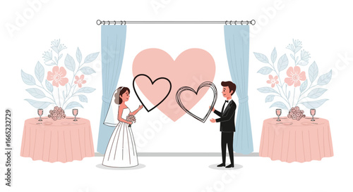 Cartoon illustration featuring a bride and groom holding heart shapes on wedding backdrop