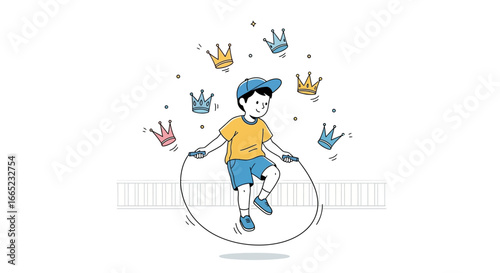 Cartoon Illustration of a Boy Skipping Rope Surrounded by Crowns, Achieving Success