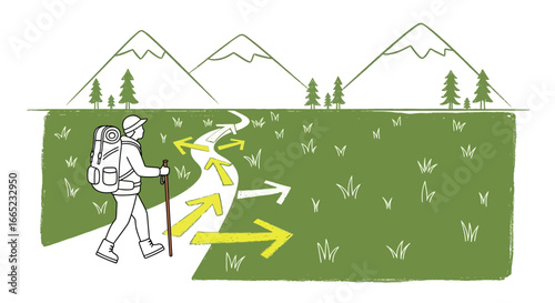 Cartoon illustration of a hiker facing multiple choices in the mountains adventure