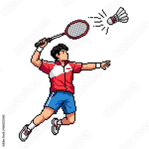 Pixel art depicts a badminton player in dynamic action, striking a shuttlecock mid-air.