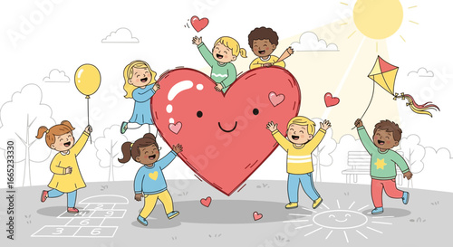 Cartoon illustration of diverse children playing around a big smiling heart in a park full of love