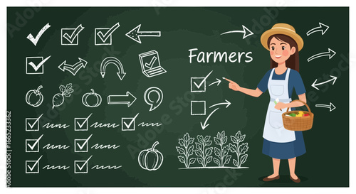 Cartoon Illustration of Female Farmer Explaining Farming Tasks on Chalkboard