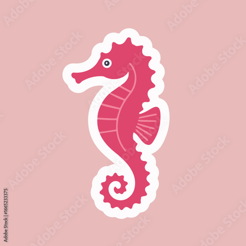 Illustration of a cute pink seahorse with a white outline, perfect for stickers, badges, or any design project that needs a touch of marine life and playful charm