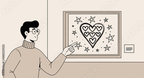 Cartoon man admiring heart art in a gallery museum, showcasing creativity and affection within an