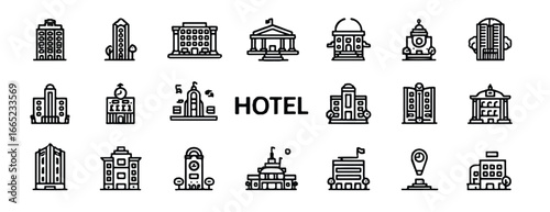 Hotel Icons Collection of Various Building Styles and Architectural Designs Minimalist Black and White Line Art