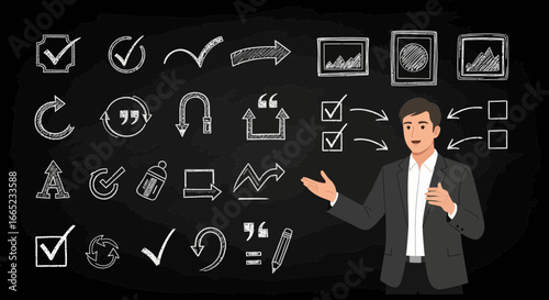 Cartoon man explaining business concepts and ideas with chalk drawn doodles and drawings on a
