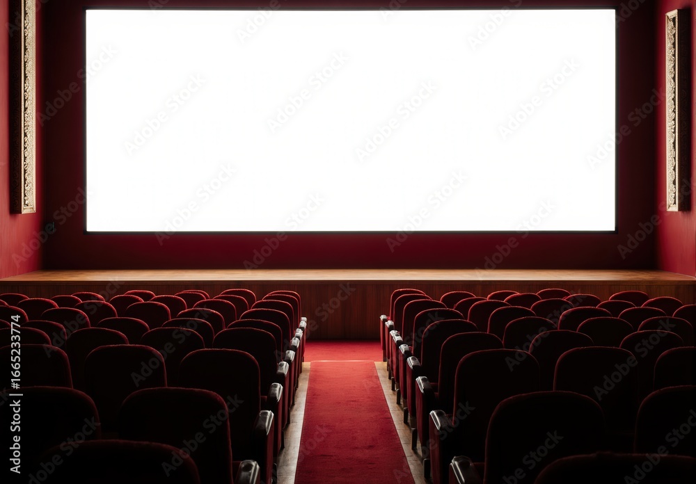 Naklejka premium Empty cinema hall with red seats and a bright white screen