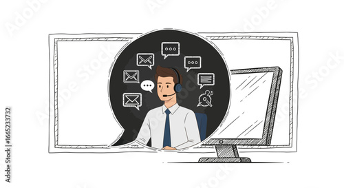 Cartoon sketch illustration of a customer service representative providing assistance online