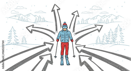 Cartoon skier faces multiple paths at a crossroads in a winter landscape scene
