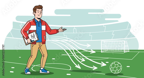 Cartoon soccer coach explaining game strategy on the field drawing tactics vector illustration of