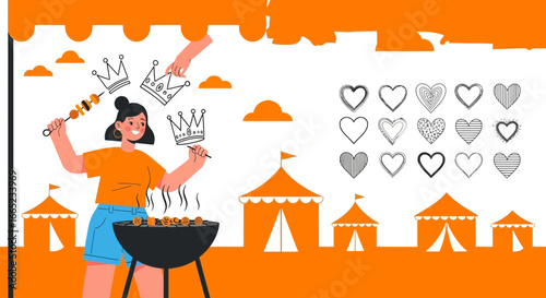 Creative scene of woman grilling and adding crowns to skewers, tents hearts and hands