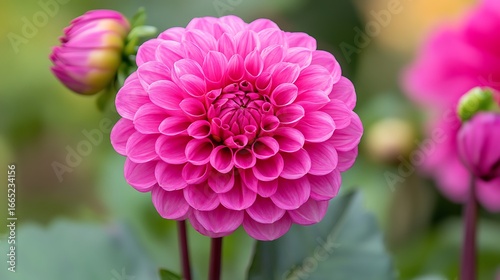 Stunning close up of a vibrant pink dahlia bloom in full blossom with bud and bokeh background