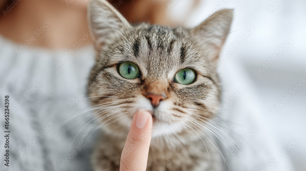 Obraz premium Curious cat with striking green eyes and a finger gesture.