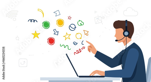 Customer support representative interacting with digital interface on a laptop computer