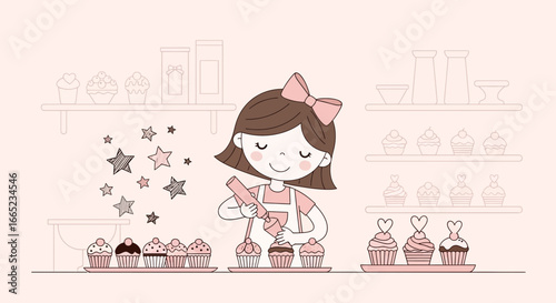 Cute girl decorating cupcakes with star magic in a dreamy pink bakery setting