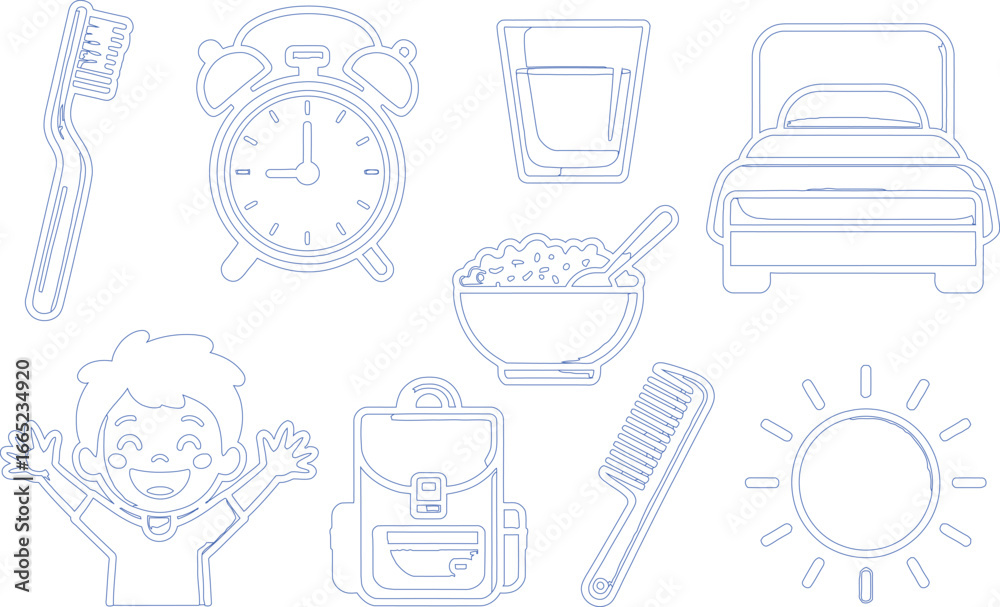 Fototapeta premium Cute Boy with Toothbrush, Alarm, Cereal, Bed, Backpack, Comb, Sun Outline on White