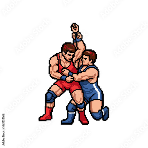 Pixel art depicts two wrestlers grappling intensely in a competitive match, showcasing strength and athleticism.
