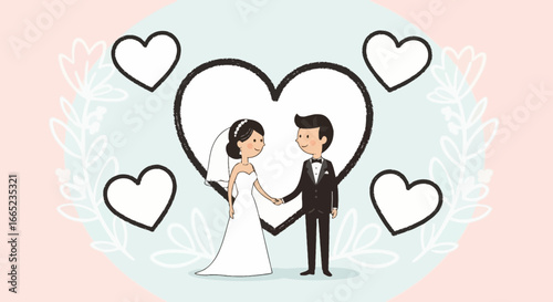 Delightful wedding illustration with a happy couple and floral heart accents