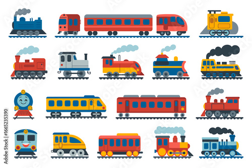 Collection of Colorful Cartoon Trains and Railway Cars for Kids Illustration Set Transportation Theme