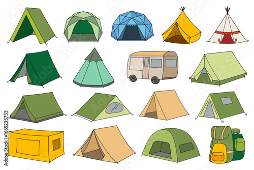 Camping Equipment Set with Tents Caravan and Backpack Ready for Outdoor Adventure Vacation Planning and Recreation Activities