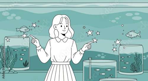 Charming illustration depicting a woman creating underwater magic with aquariums and fish