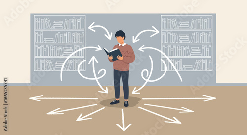 Directional reading with decisions conceptual illustration of a student in a library