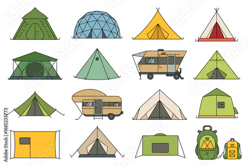 Camping Tents and Backpacks Illustration Vector Set for Outdoor Adventures and Travel Equipment Visuals