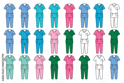 Medical scrubs in different colors for hospital staff uniform essential workwear for doctors and nurses pattern design
