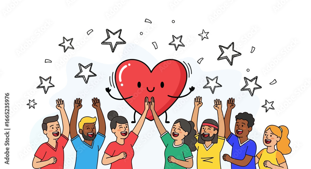 Fototapeta premium Diverse people cheering for a heart character embodying unity and love celebration