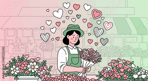 Charming illustration of a florist with flowers and hearts showcasing love and happiness