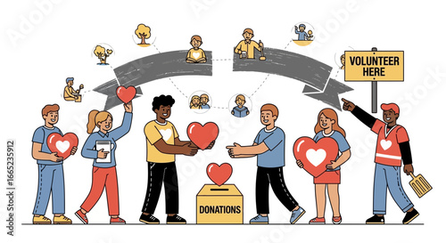 Diverse Group of Volunteers Engaged in Community Service and Charitable Activities Illustration