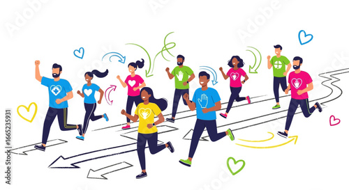 Diverse Group of People Running Together for a Cause, Promoting Health and Wellness with Hearts