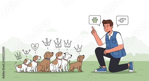 Dog trainer teaching dogs new skills with crowns and a heart above them illustration