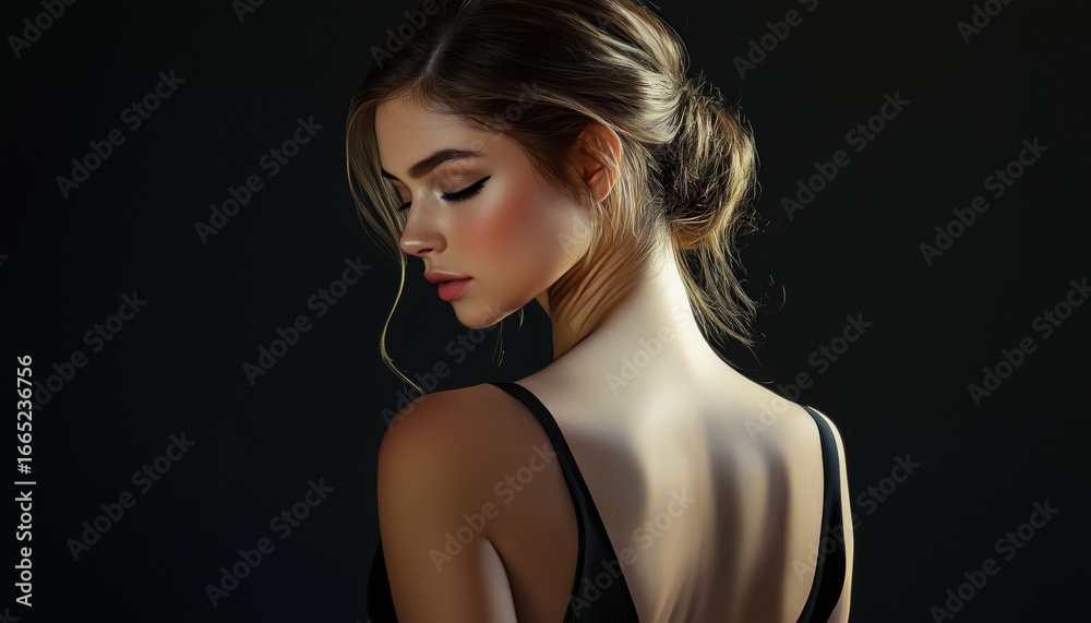 Naklejka premium Caucasian Woman Stuns In Tight Black Jersey Dress With Open Back In Fashion Portrait. Elegant And Chic Style On Display.