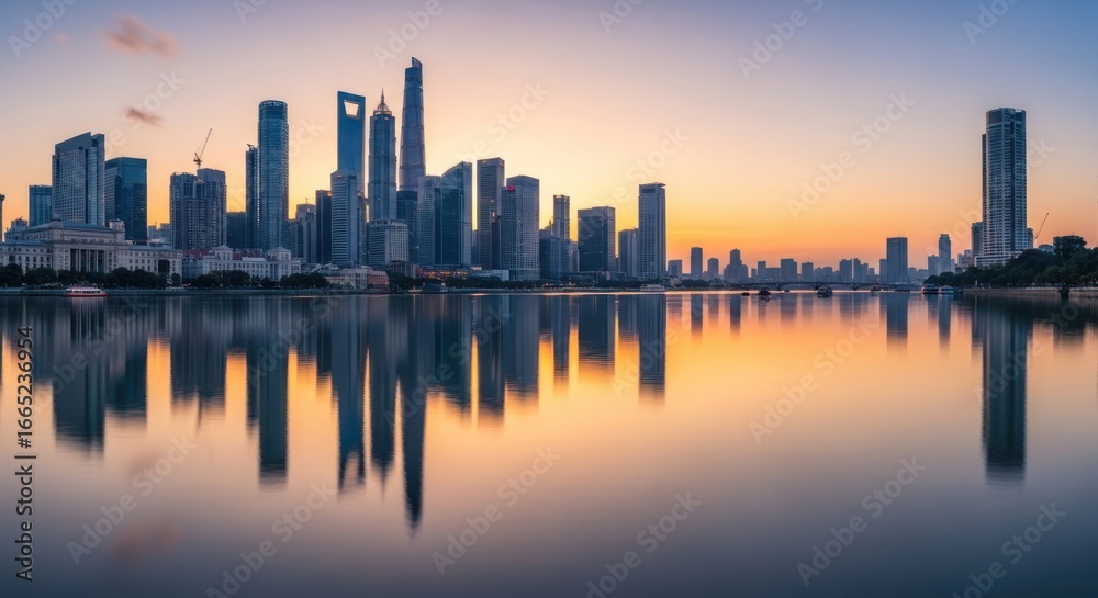 Fototapeta premium Shanghai Skyline Reflection at Sunset, Cityscape, Water, Buildings.