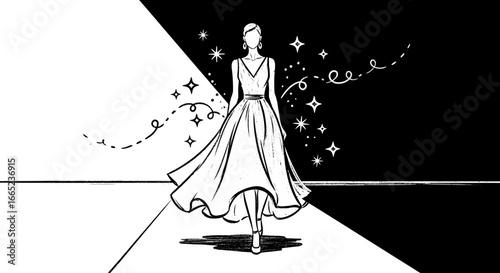 Elegant fashion model illustration on a black and white runway with sparkling details