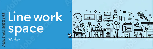 Line art workspace illustration featuring office workers tasks and equipment showcasing a modern professional environment with clean aesthetic