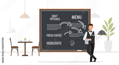 Elegant waiter presenting daily specials from the chalkboard menu in restaurant