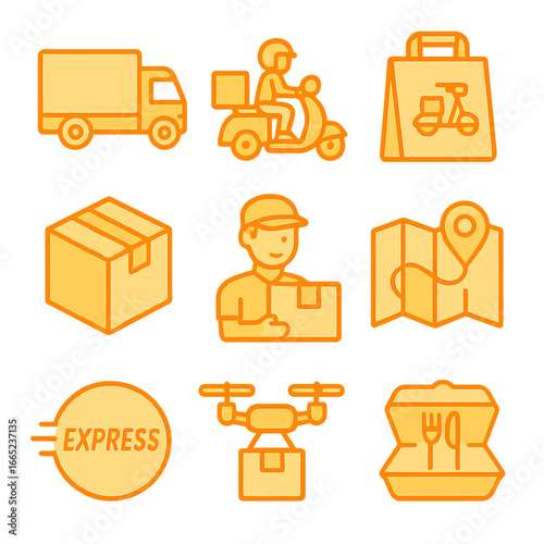 Orange-themed express delivery icons featuring flat line art for logistics and food services