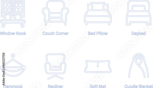Interior Furniture Icon Set, Minimalist Line Art, Window Nook, Couch, Bed, Hammock