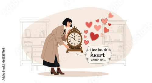 Elegant woman adjusting a vintage clock surrounded by floating hearts illustration