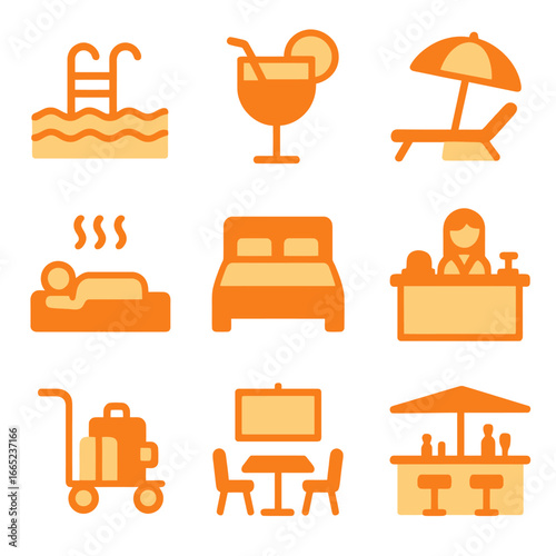 Glowing hotel amenities icons: relaxation and hospitality in orange hue