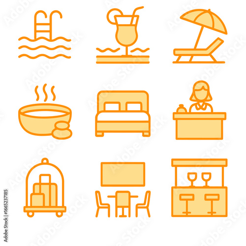 Glowing hotel icons: amenities and services in warm neon tones